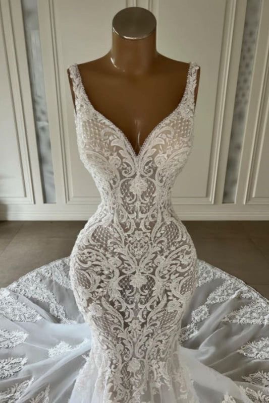 Mermaid Lace Sweetheart Wedding Dress V-neck Long Bridal Dress with Train AB1708