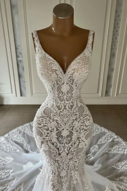 Mermaid Lace Sweetheart Wedding Dress V-neck Long Bridal Dress with Train AB1708