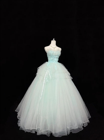 Sweet 16 Dresses Long Ball Gown Sweet Sixteen Long Birthday Dress Strapless Blue Tulle Formal Gown RC0284