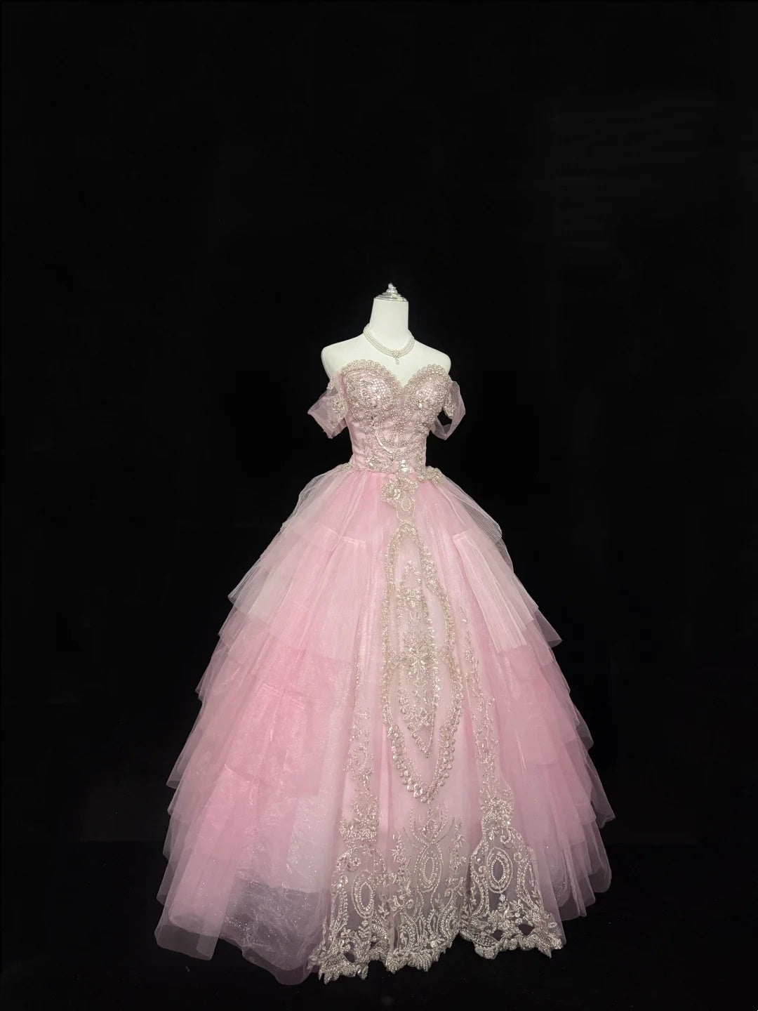 Sweet 15 Quinceanera Dress Ball Gown Off Shoulder Pink With Gold Lace Sleeves Long 15th Birthday Gown RC0318