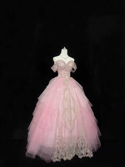 Sweet 15 Quinceanera Dress Ball Gown Off Shoulder Pink With Gold Lace Sleeves Long 15th Birthday Gown RC0318