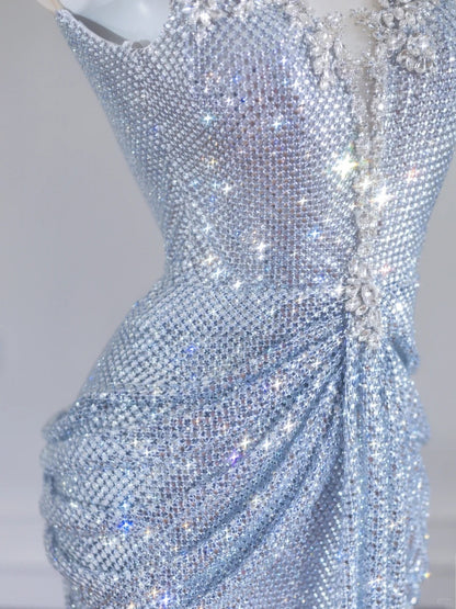 Sparkly Mermaid Scoop Neck Silver Sequin With Beaded Long Prom Dresses Formal Dress Party Birthday Outfits N406