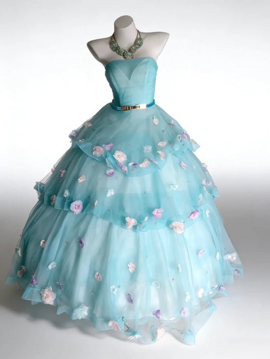 Modest Prom Dresses Ball Gown Strapless Light Sky Blue Tulle With Flowers Long Quince Dress N2969