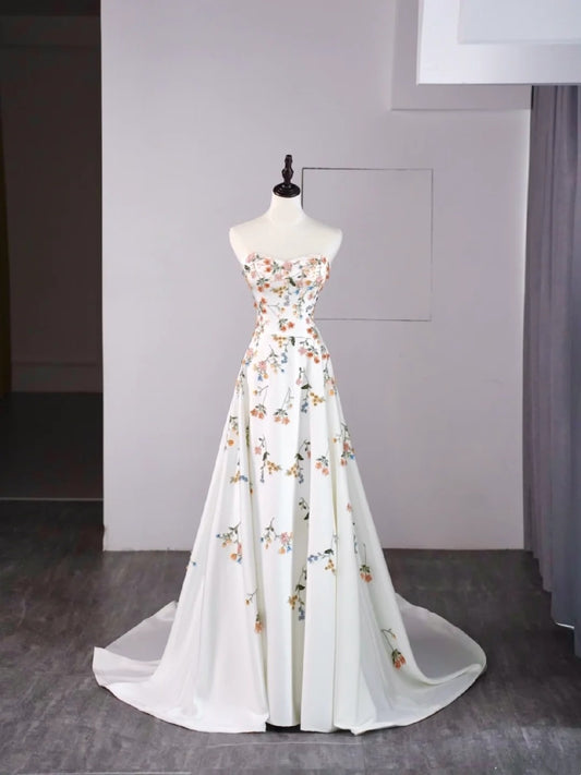 Modest A line Sweetheart Floral White College Formal Outfit With Long Sleeves Prom Graduation Dresses For Teens N1172