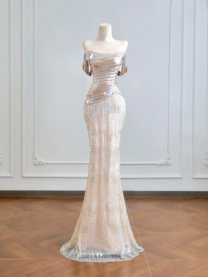 Sparkling Mermaid Off The Shoulder Champagne Sequin Long Prom Dresses Impress 18th Birthday Outfits Party Gown N389