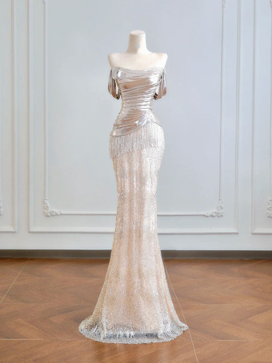 Sparkling Mermaid Off The Shoulder Champagne Sequin Long Prom Dresses Impress 18th Birthday Outfits Party Gown N389