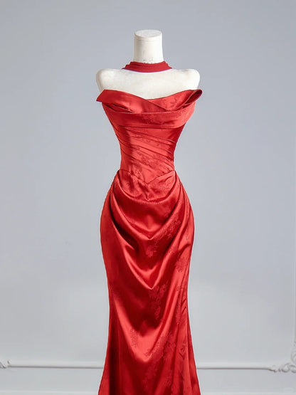 Flattering Mermaid Strapless Red Satin With Scarf Prom Dresses Long Evening Formal Birthday Party Gowns N383
