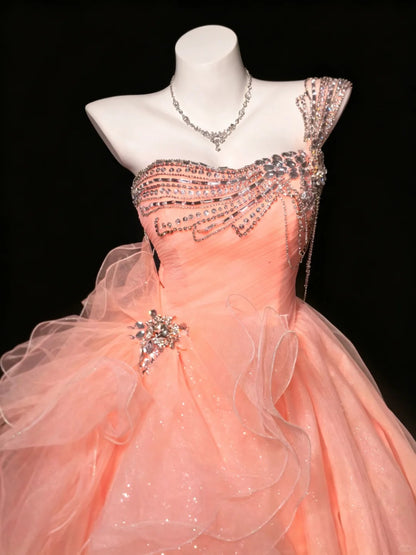 Sweet Ball Gown One Shoulder Coral Pink Tulle With Beaded Quince Dress Long Sweet 15 16 Quinceanera Dresses Vestido de princesa RB4472