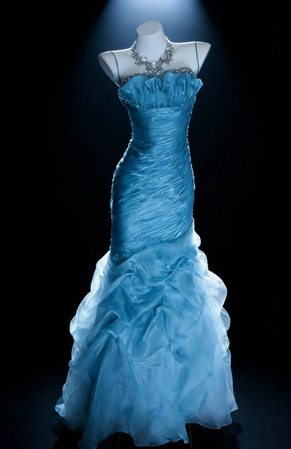 Pretty Prom Dresses Mermaid Spaghetti Strap Blue Organza With Beaded Bodice Long Formal Dress N3045
