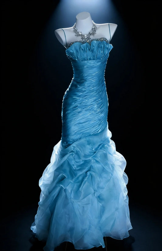 Pretty Prom Dresses Mermaid Spaghetti Strap Blue Organza With Beaded Bodice Long Formal Dress N3045