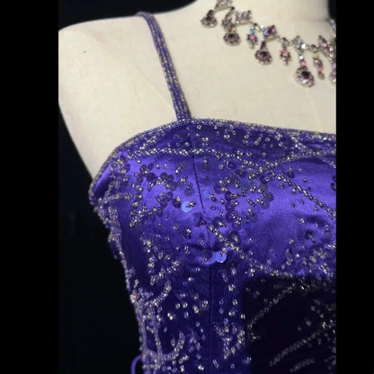 Elegant Mermaid Spaghetti Straps Grape Satin Long Prom Dresses Formal Party Gowns Vestidos De Dia N767