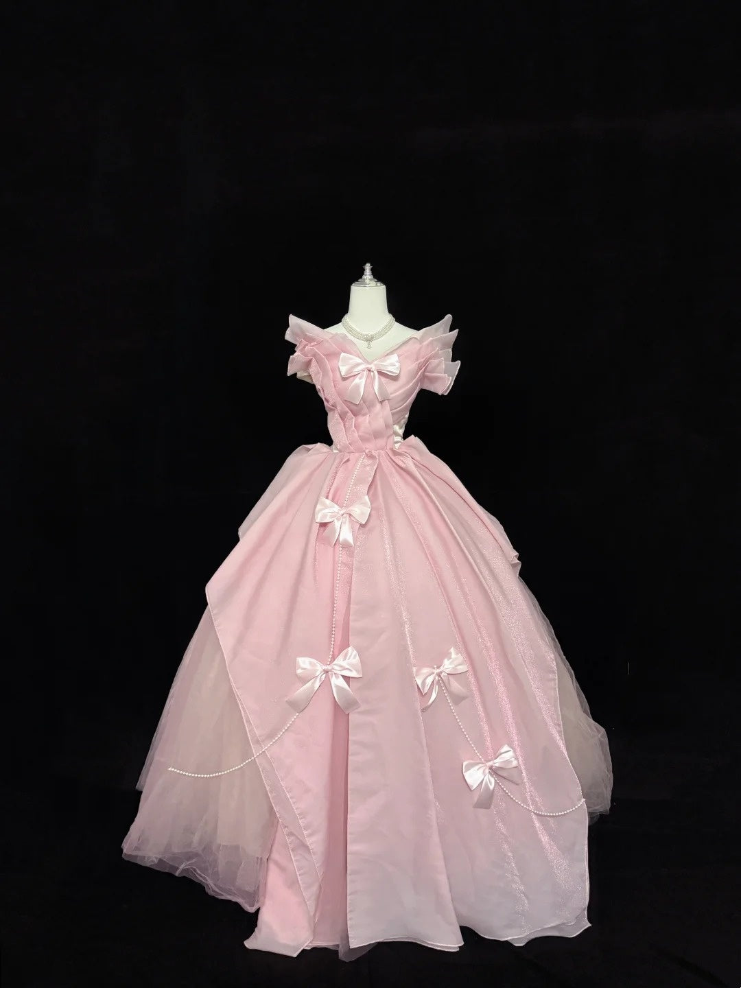 Tulle Ball Gown Quinceanera Dress Off Shoulder Pink With Bow-knot Sweet 15 Formal Gown RC0144