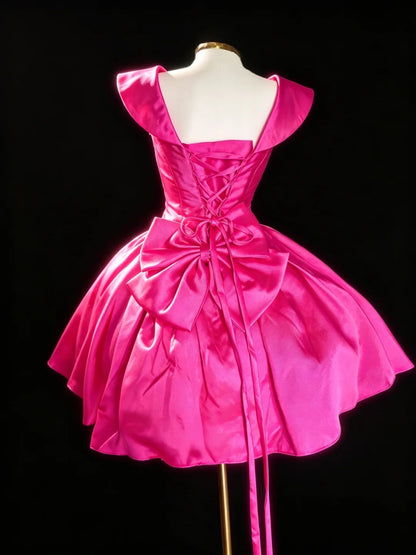 Cute Ball Gown V Neck Hot Pink Satin Short Mini Party Dress Cocktail Homecoming Dresses N4213