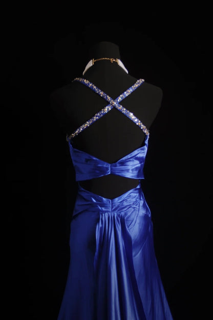 Retro Mermaid Spaghetti Straps Royal Blue Satin 2000s Long Prom Dresses Inspo 18th Birthday Outfits Formal Dress N497