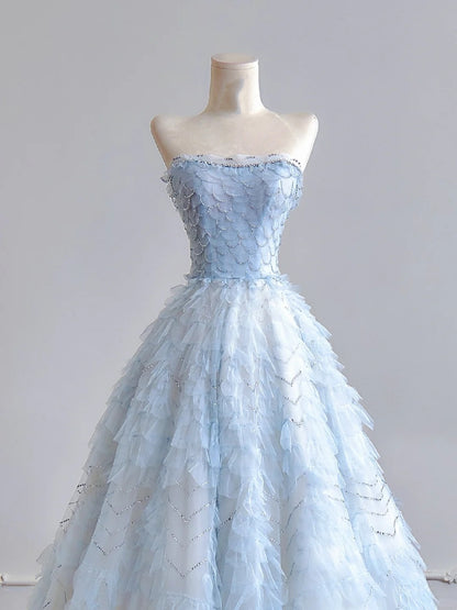 Timeless Ball Gown Strapless Light Sky Blue Tulle Long Prom Dresses Inspiration Party Gowns N375
