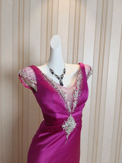 Vintage Prom Dresses Mermaid V Neck Satin 80s With Beading Long Formal Evening Outfits N4222