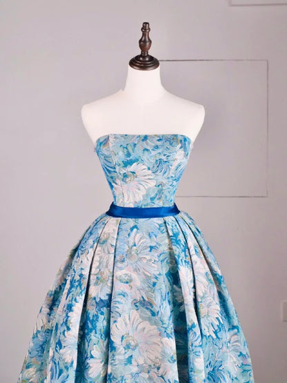 Beautiful Ball Gown Strapless Blue Floral Satin Long Prom Dresses Formal Gowns Inspo Evening Outfit N241