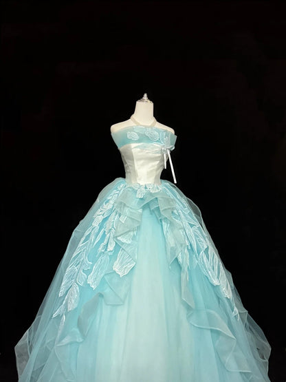 Cute Sweet 16 Dresses Long Ball Gown Strapless Blue Lace Tulle Formal Sweet Sixteen Birthday Gown RC0264