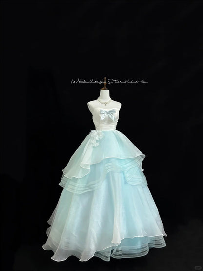 Blue Prom Dress Long Floor Length Ball Gown Sweetheart With Bow-knot Tulle Formal Evening Gown For Women RC0225
