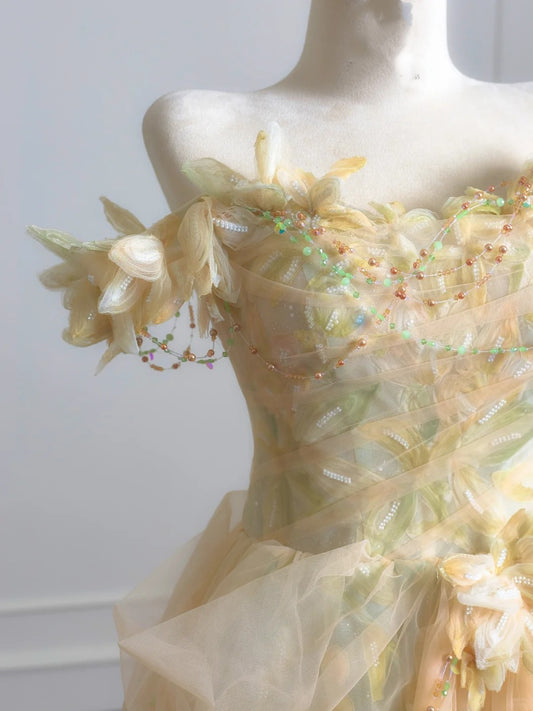 Fairytale Ball Gown Off The Shoulder Green Floral Tulle Long Formal Evening Dress Formal Birthday Gowns Prom Dresses N729
