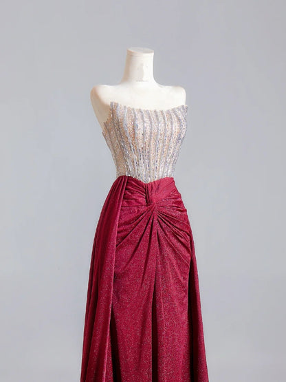 Sparkly Sheath Strapless Burgundy Sequin Long Prom Dresses Impress 18th Birthday Outfits Party Gown N343