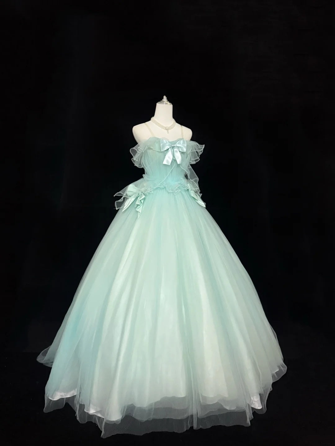Mint Green Prom Dress Long Floor Length Ball Gown Straps With Bow-knot Formal Evening Gown For Women RC0244