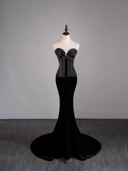 Modest Mermaid Sweetheart Black Velvet College Formal Outfit Prom Graduation Dresses For Teens N1178