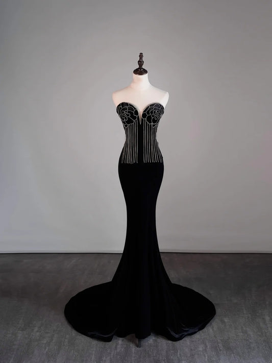 Modest Mermaid Sweetheart Black Velvet College Formal Outfit Prom Graduation Dresses For Teens N1178