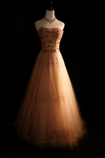Modest Prom Dresses Ball Gown Strapless Champagne Tulle With Beads Long Quince Dress N2974