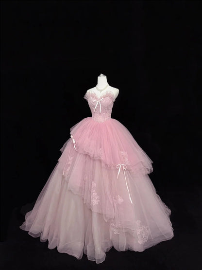 Sweet 15 Quinceanera Dress Ball Gown Sweetheart Pink With Lace Appliqued Tiered 15th Birthday Gown RC0237
