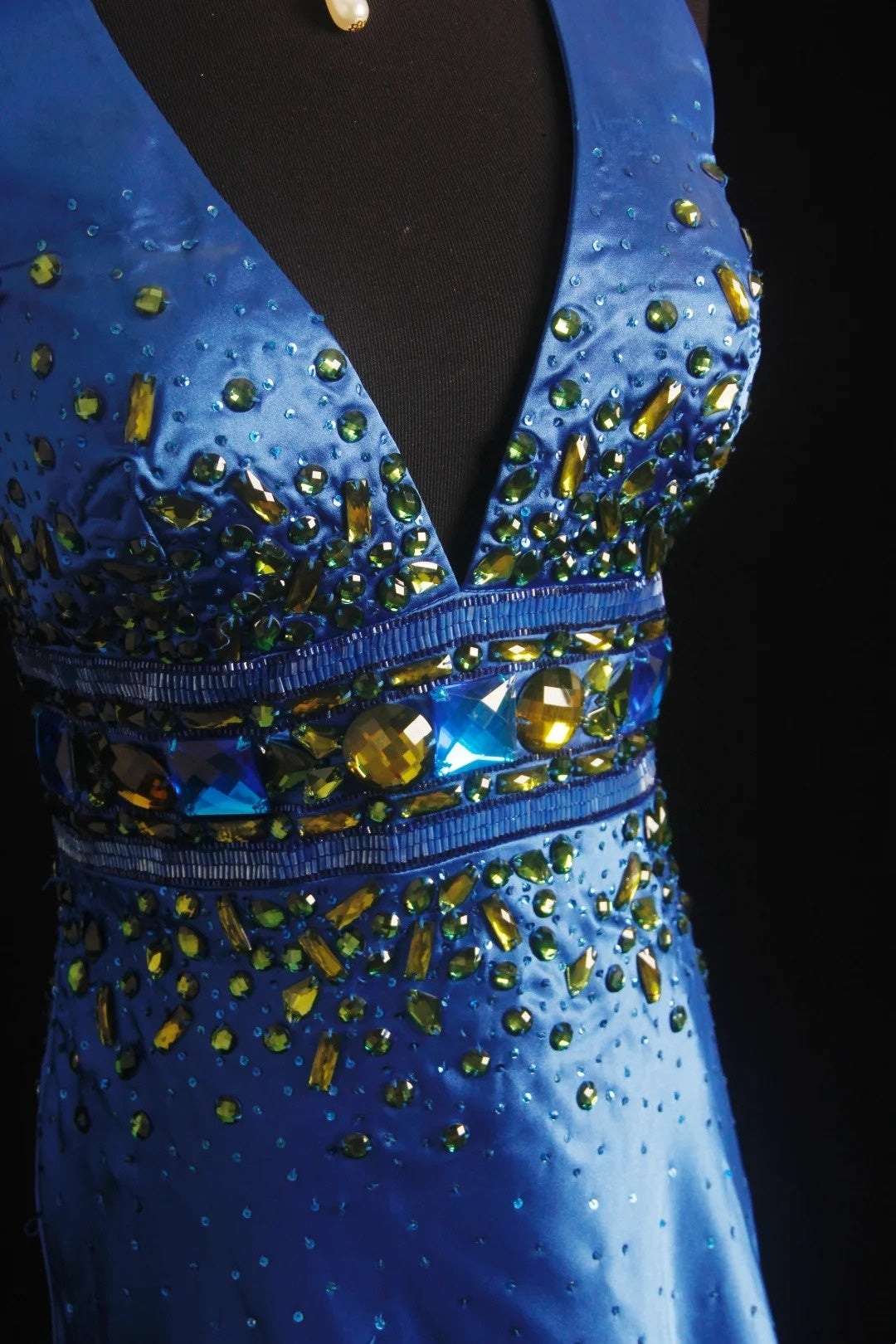 Vintage Prom Dresses Mermaid Royal Blue V Neck With Gold Beaded 80s Evening Formal Dress RB3274