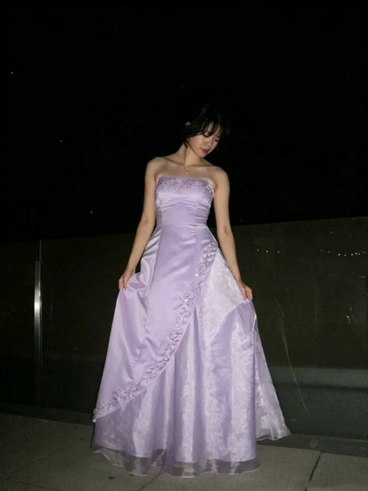 Vintage A-line Light Pink Strapless Prom Dress With Embroidery Evening Outfits Formal Dress N536
