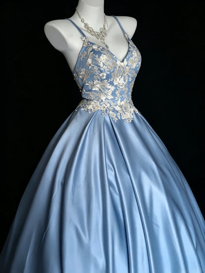 Sweet Ball Gown Spaghetti Strap Blue Satin Lace Sweet 16 Dresses Quinceanera Dress Long 15 Vestidos De Fiesta N4203