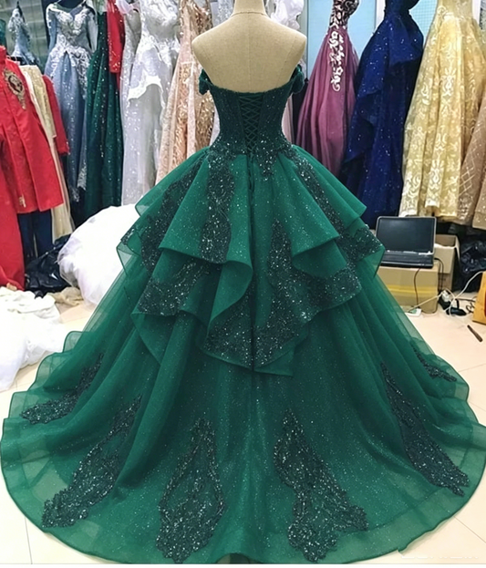 Modest Ball Gown Off The Shoulder Emerald Green Tulle Lace Prom Dresses With Sleeves Party Dress Evening Dresses AB1093