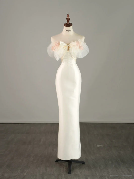 Stunning Prom Dresses Mermaid Off The Shoulder Ivory Satin With Bow-knot Long Formal Dress N2488