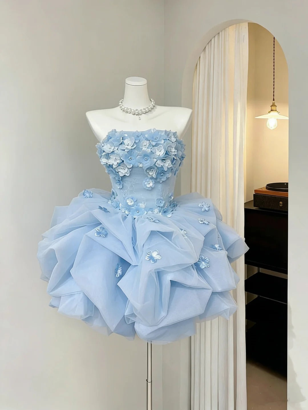 Modest Ball Gown Strapless Blue With Flowers Short Mini Senior Inspo 16th Birthday Outfits Homecoming Dresses RB3976