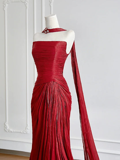 Timeless Mermaid Strapless Red Chiffon With Scarf Slit Long Prom Dresses Inspiration Party Gowns N307