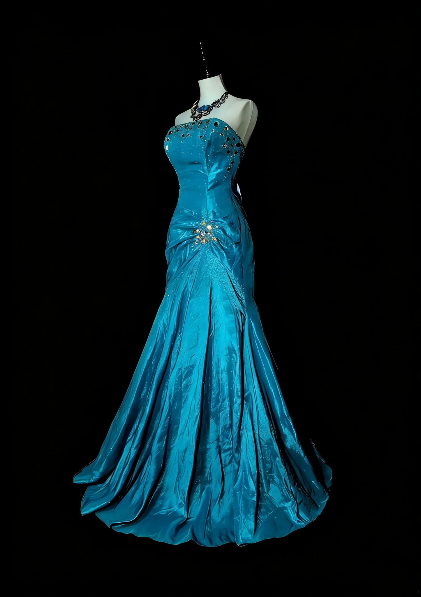 Vintage Mermaid Strapless Blue 2000s With Gold Beads Prom Dresses Long Formal Party Gown N1358