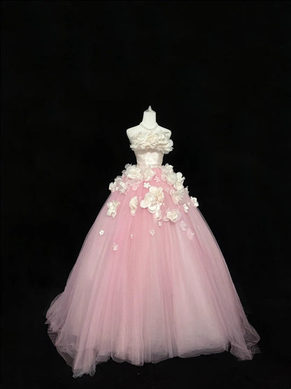 Sweet 16 Dresses Long Ball Gown Sweet Sixteen Long Birthday Dress Strapless Pink Tulle Formal Gown RC0332