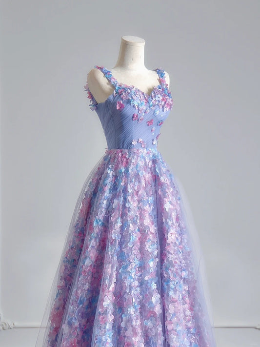 Princess A line Spaghetti Straps Lilac Tulle Floral Prom Dresses Long Evening Formal Gown With Scarf Party Gowns N347