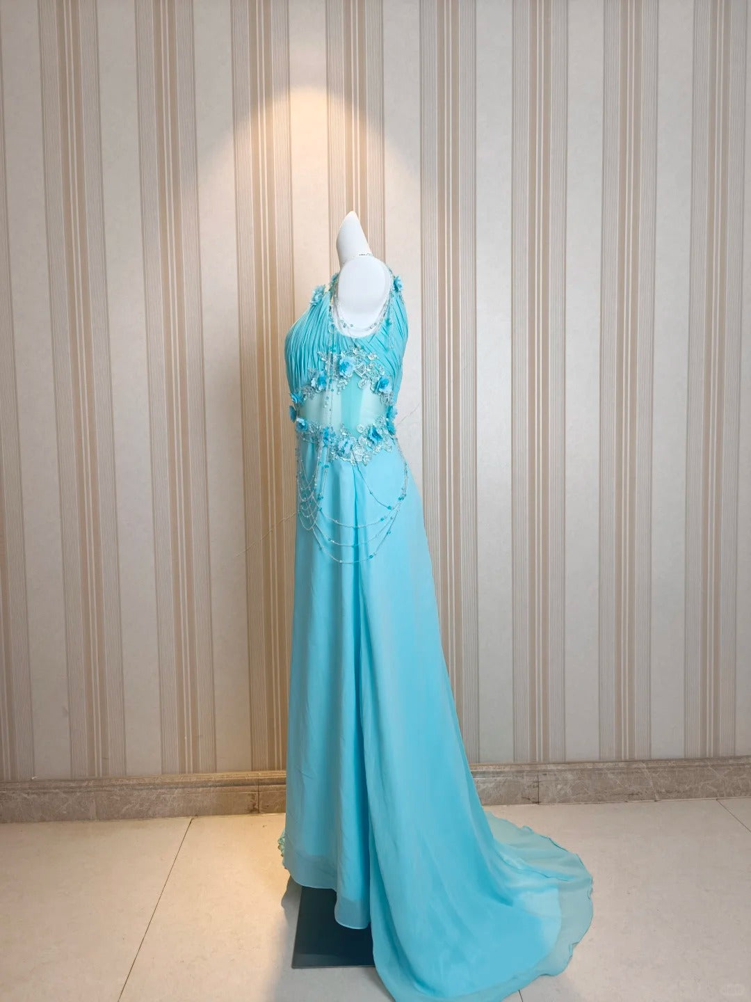 Vintage Prom Dresses A line One Shoulder Blue Chiffon 80s With Flowers Long Formal Evening Outfits N4217