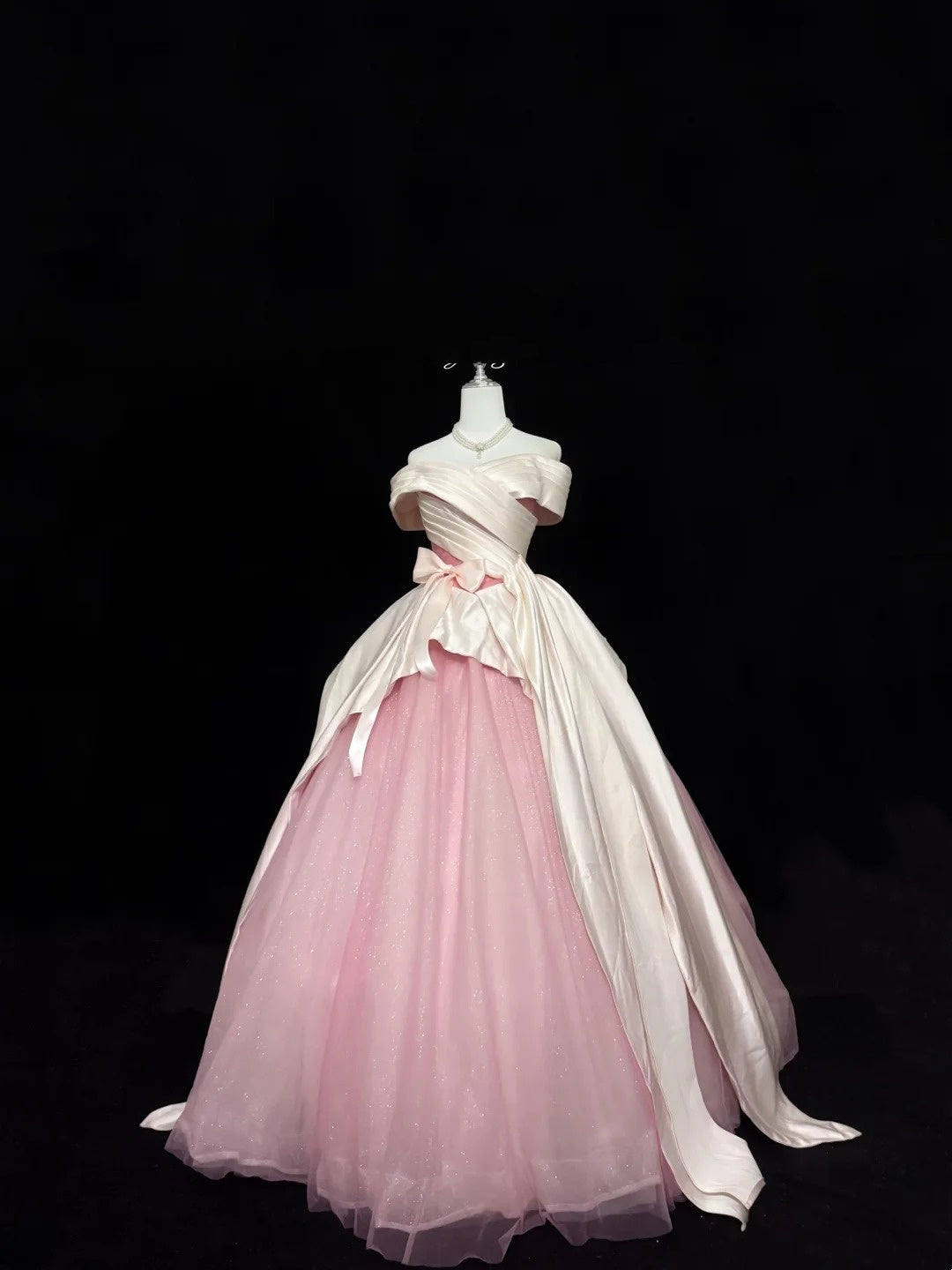Tulle Prom Dress Long Floor Length Ball Gown Off Shoulder Pink With Sleeves Formal Evening Gown For Women RC0259