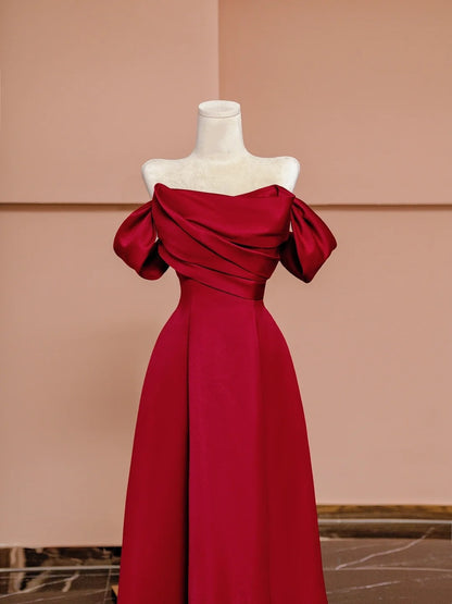 Gorgeous A line Off The Shoulder Burgundy Satin With Short Sleeves Formal Evening Dress Gowns Long Prom Dresses N722