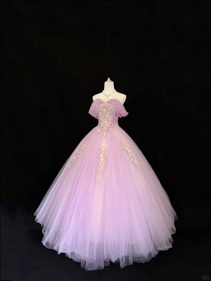 Tulle Prom Dress Long Floor Length Ball Gown Off Shoulder Lilac With Sleeves Lace Formal Evening Gown For Women RC0266