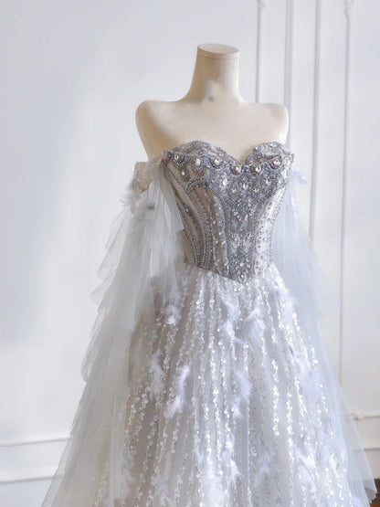 Timeless Ball Gown Sweetheart Silver Sequin With Beaded Feathers Long Prom Dresses Inspiration Party Dress Prom Gowns N306