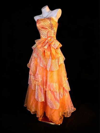 Modest Ball Gown Strapless Orange Ruffled Tiered Layers Evening Dresses Night Date Prom Dress N4474