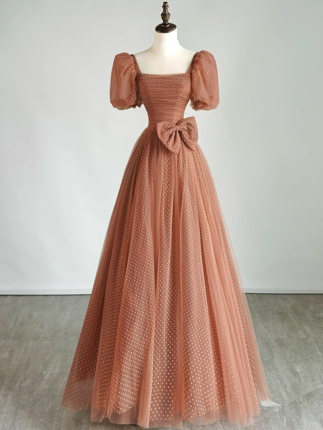 Modest A line Square Neck Polka Dots Tulle Prom Dresses Inspiration Party Gowns Princess Formal Dress N765