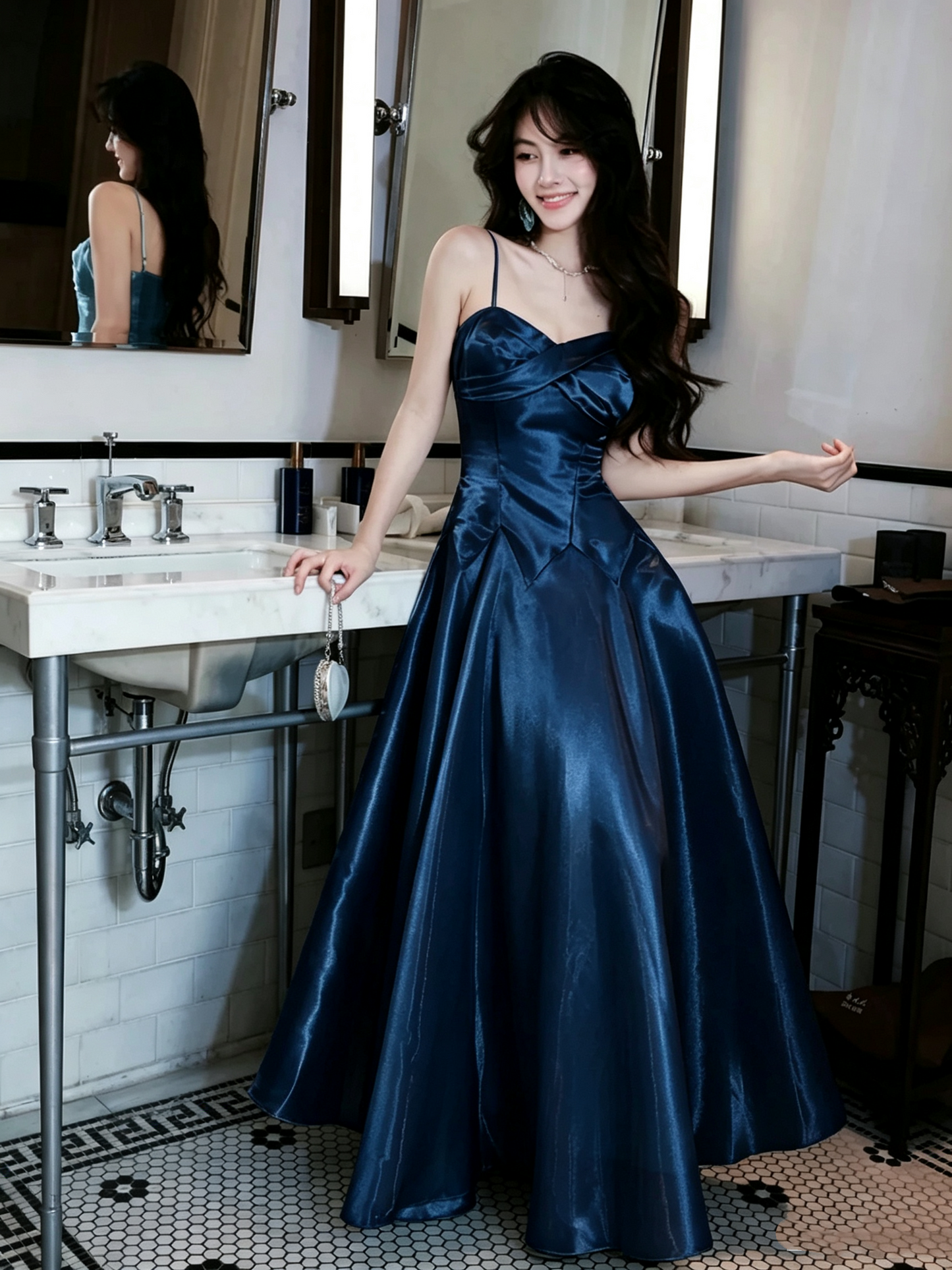 Simple A Line Spaghetti Straps Light Blue Satin Inspiration Long Wedding Party Guest Dresses N2071