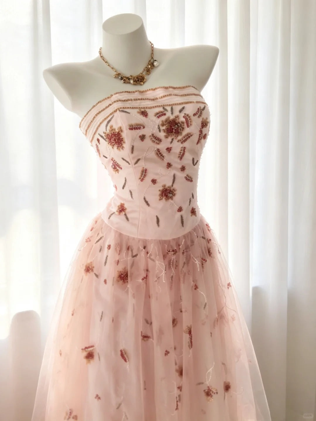 Vintage Prom Dresses A line Strapless Pink 80s With Beading Long Formal Evening Outfits N4206