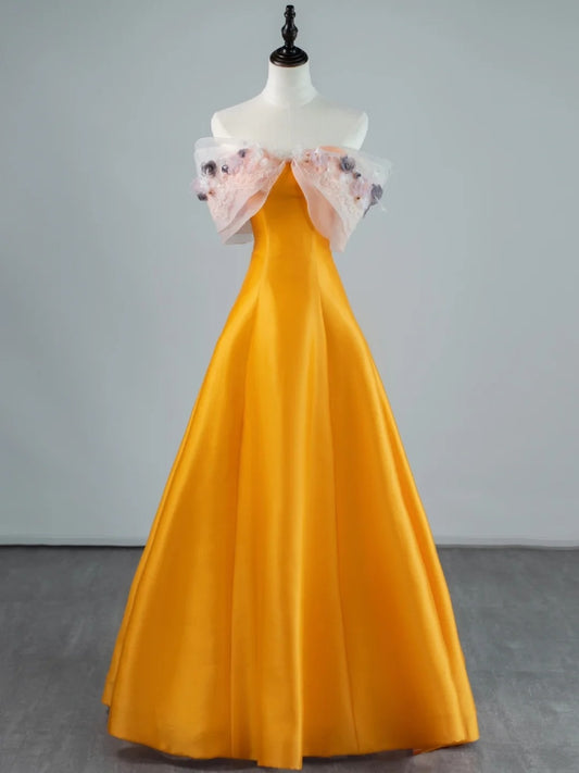 Modest A line Off The Shoulder Orange Appliqued Lace Satin Long Prom Dresses Night Formal Dresses N682